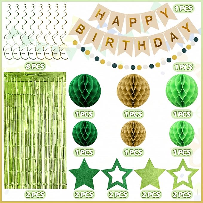 ZERODECO Birthday Decorations, Happy Birthday Banner with Paper Honeycomb, Star Hanging Swirl, Fringe Curtain, Garland, Party Decorations for Women Men Boys Girls (Retro Green)