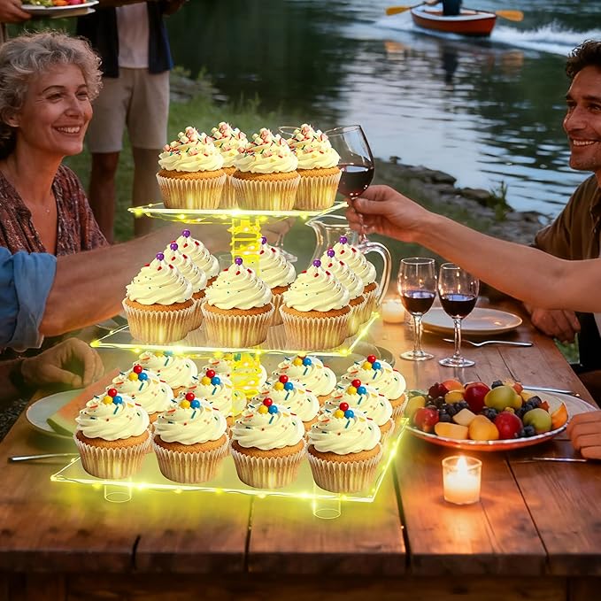 YestBuy 3 Tier Clear Square Cupcake Stand - Premium Cupcake Holder - Acrylic Cupcake Tower Display - Candy Bar Party Décor + LED Light String - Ideal for Weddings, Birthday Parties (Yellow Light)