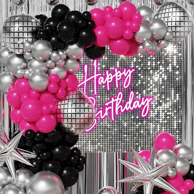 Withu Silver Sequins Pink Neon Happy Birthday Backdrop for Photography Shining Flash Stars Shimmer Wall Decoration Banner Princess Girls Women Bday Party Background 7x5ft