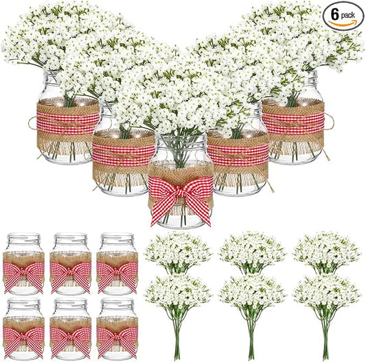 Daifunli 6 Set Picnic Party Centerpieces for Table Mason Jar Table Decor with Artificial Flowers Red Gingham Ribbon for Picnic Birthday Party BBQ Baby Shower Wedding(6,Classic Baby's Breath)