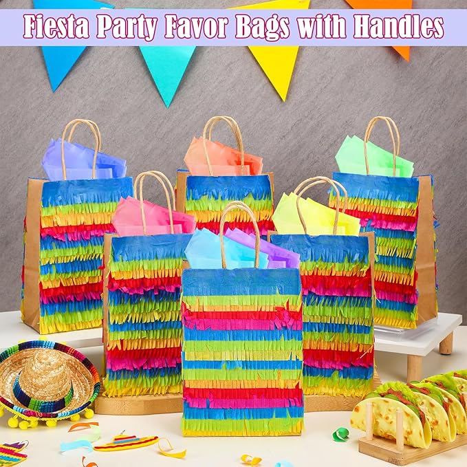 Geyoga 24 Pcs Fiesta Favor Bags Fringe-cut Piñata Mexican Fiesta Paper wrapping with Handles Mexican Party Favor Goodie Treat Bags for Mexico Summer Birthday Party Supplies