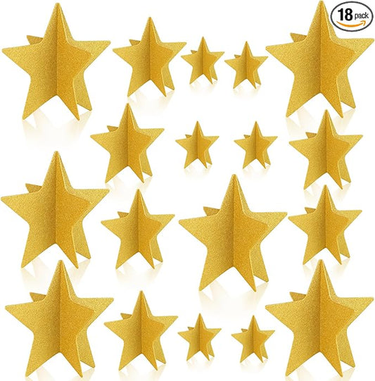 AmazingSpark 18 Pcs Large Star Centerpieces Gold 3D Star Table Decorations in 3 Sizes 10" 8" 6" for Birthday Party Baby Shower Gathering Carnival Ceremony Graduation Movie Night Supplies(Glitter Gold)