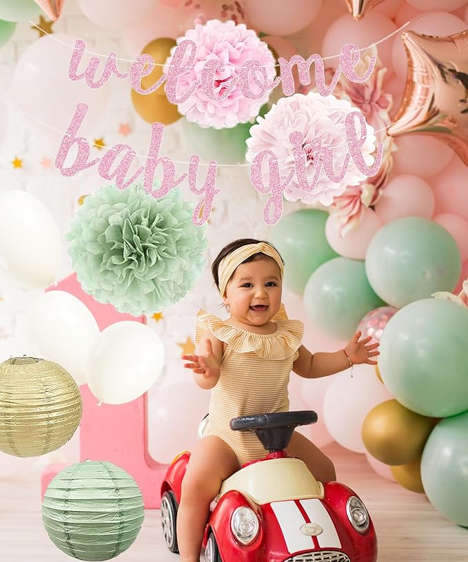 Baby Girl Decorations for Shower in Sage Pink Balloons with Welcome Banner and Paper lantern Tissue Pom Poms Kit (Pastel Sage green + Pink)