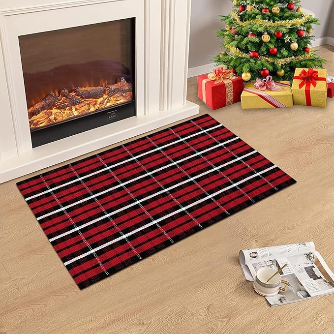 Christmas Red Buffalo Plaid Door Mats Outdoor 2'X3', Cotton Front Door Rug Machine Washable Indoor/Outdoor Area Rug Farmhouse Throw Rug for Layered Door Mats/Porch/Entryway/Kitchen/Bathroom