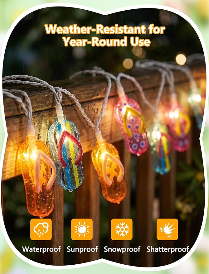 8.5FT Flip Flop String Lights 10 LED Colorful Slipper Lights – Tropical Beach Party Decorations, Waterproof Connectable Outdoor Plug in Fairy Lights for Patio Camping Luau Holiday Decor, UL Listed
