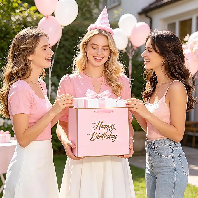 Yomaiha Pink Happy Birthday Gift Bag with Tissue Paper and Greeting Card, Pink Gold Birthday Wrapping Bag for Women Girls, Mom Wife Girlfriend Sister Friend Coworker Classmate Bday Party Supplies