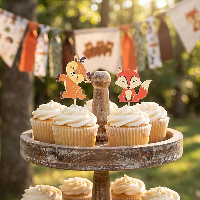 24PCS Woodland Animals Creatures Cupcake Toppers Forest Animals Cake Decorations Baby Shower Birthday Party Supplies