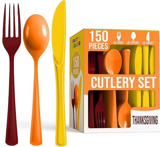 Party Solids Thanksgiving Plastic Cutlery Set - 150 Pieces