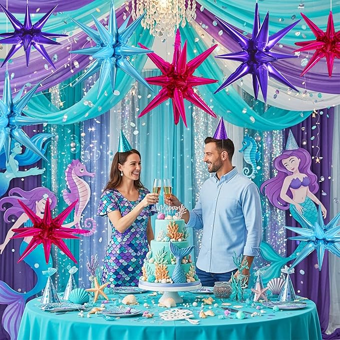 TONIFUL 8 Pcs Blue Purple Hot Pink Foil Balloons Large Star Balloons Explosion Star Mylar Balloons for Party Backdrop Christmas New Year Birthday Wedding Baby Shower Anniversary Photo Booth Supplies