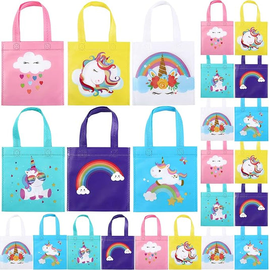 Yerliker 24 Pieces Small Unicorn Birthday Party Favor Bags Unicorn Gift Goodie Treat Candy Bags with Handles Reusable Non Woven Rainbow Tote for Kids Party Decoration Baby Shower Supplies