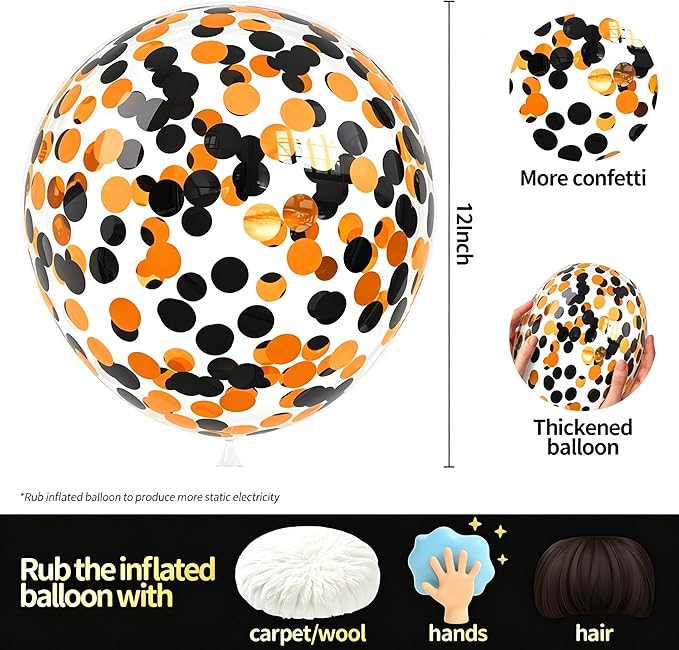 Orange Black Confetti Balloons 25 Pcs, 12 Inch Thickened Clear Latex Balloon with Confetti Inside for Halloween Party Decorations Birthday Baby Shower Bridal Shower Decoration Supplies