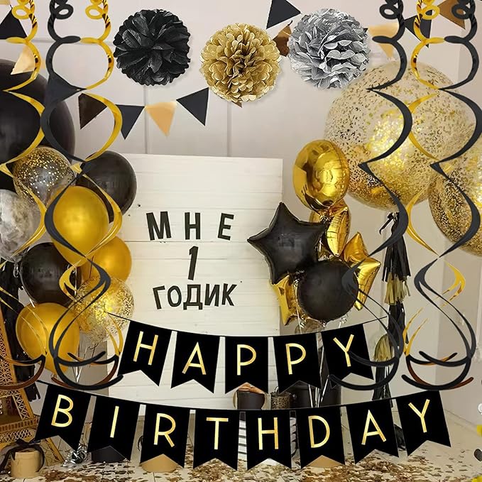 PATYDECRO Birthday Decorations, Happy Birthday Banner with Stars Hanging Swirl Streamers Honeycomb Balls Paper Circle Garland For Party Supplies（Black Gold Silver）