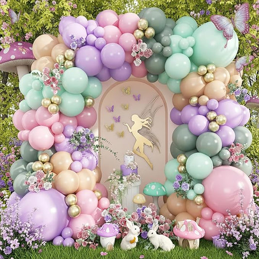 Fairy Balloon Arch Garland Kit, 125pcs Sage Green Pink Purple and Green Gold Spring Balloons for Girl Wonderland Fairy First Birthday Baby Shower Tea Party Wedding Wildflower Party Decorations
