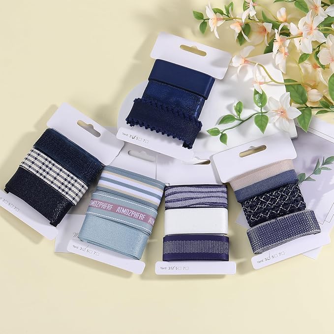 BEEFLYING 3 Styles Navy Blue Wire Edged Ribbons for Gift Wrapping, 25~28mm×2.7m Satin Ribbons Sheer Ribbons for Wedding Party Decoration Hair Bows Flower Designs Sewing and Craft, 9 Yards