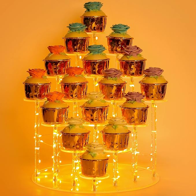Cupcake Stand for 16 Cupcakes,Ideal Acrylic Cupcake Tower Stand with Yellow Lights,Cupcake Display Stands for Parties, Perfect Cupcake Holder for Dessert Tables.