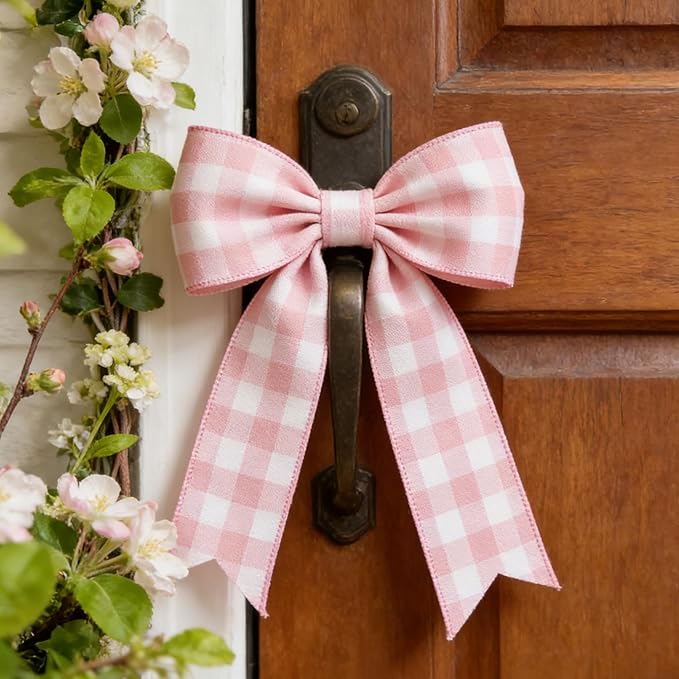 Meseey 4 Inch Pink White Buffalo Plaid Burlap Wired Ribbon 10 Yards Farmhouse Tartan Check Wired Edge Ribbon for Decor Crafts