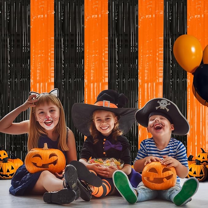PIGETALE 2 Pack Black and Orange Tinsel Foil Fringe Curtain, 3.2Ftx8.2Ft Halloween Backdrop Curtains Photo Booth Props Streamers Christmas Birthday Party Anniversary Wedding Retirement Decorations