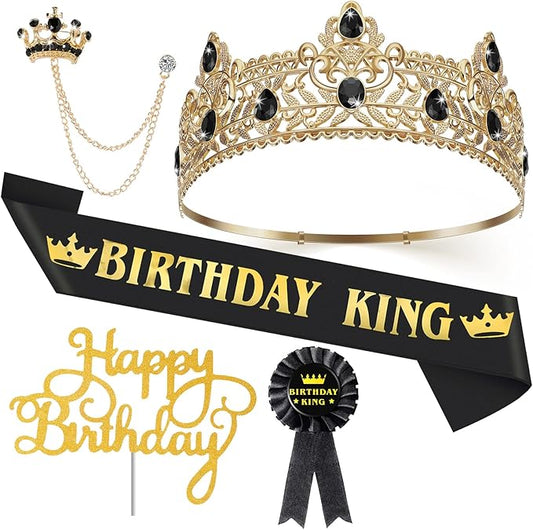 Junkin 5 Pieces Birthday Man Accessories Include King Crown King Sash Tinplate Badge Pin Brooch Hanging Chain Crown for Man Birthday Party(Adjustable Style,Small)