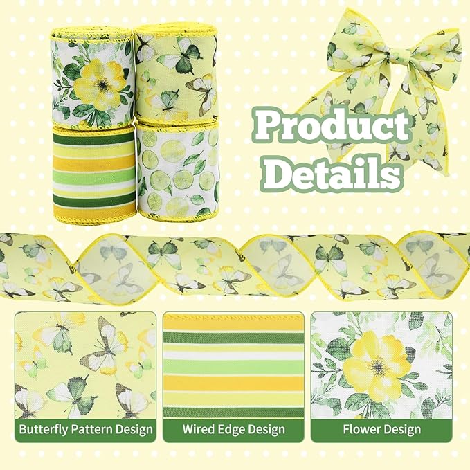 4 Rolls Floral Wired Edge Ribbon – Spring Summer Yellow Grosgrain with Butterfly, Lemon & Flower Motifs for Gift Wrapping, Wedding Decor, DIY Crafts (2.5 Inch, 5 Yards Each)