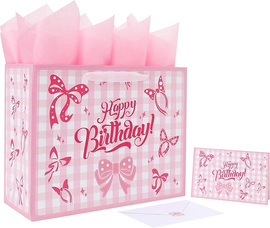 Qirrmiy 13'' Large Birthday Gift Bag Set with Handles, Greeting Card, Purple Tissue Papers and Stickers for Girls Women Kids Teens for Birthday Party, girl's Party, Baby, Bow Design, 1 Pcs