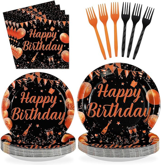96Pcs Orange Black Happy Birthday Party Decorations Black and Gold Plates and Napkins Disposable Whiskey Bday Tableware Set for Women Girls Kids Boys Men Birthday Baby Shower Party Supplies Serves 24