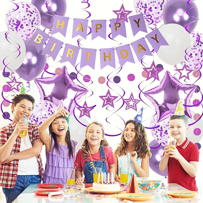 Purple Birthday Decorations, Happy Birthday Banner and Purple Star Balloons, Glitter Hanging Stars with Hanging Swirls, Circle Dot Paper Garland, for Women Girls Party Decoration