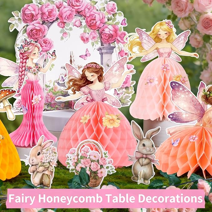 SUNBEAUTY Fairy Birthday Party Decorations Fairy First Centerpieces for Tables 3D Fairies Honeycomb Centerpieces with Rabbits Enchanted Party Table Topper for Spring Garden Woodland Forest Birthday