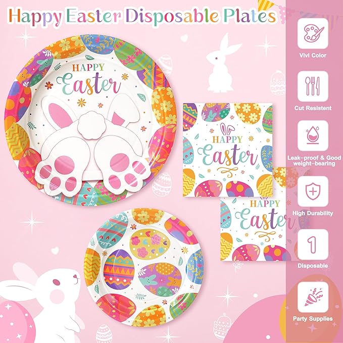 Happy Easter Plates and Napkins, 72PCS Colorful Easter Party Supplies, Bunny and Eggs Disposable Paper Plates, Spring Party Supplies, Rabbits Easter Party Decorations Serves 24