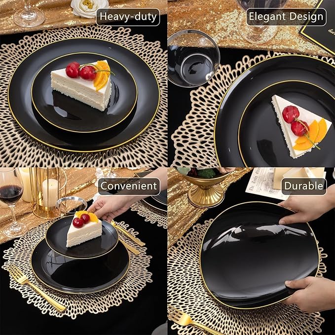 WDF 300PCS Black and Gold Plates - Black Plastic Plates for Party - 50 Guest Disposable Dinnerware Sets for Party/Wedding/Graduation/Memorial Day