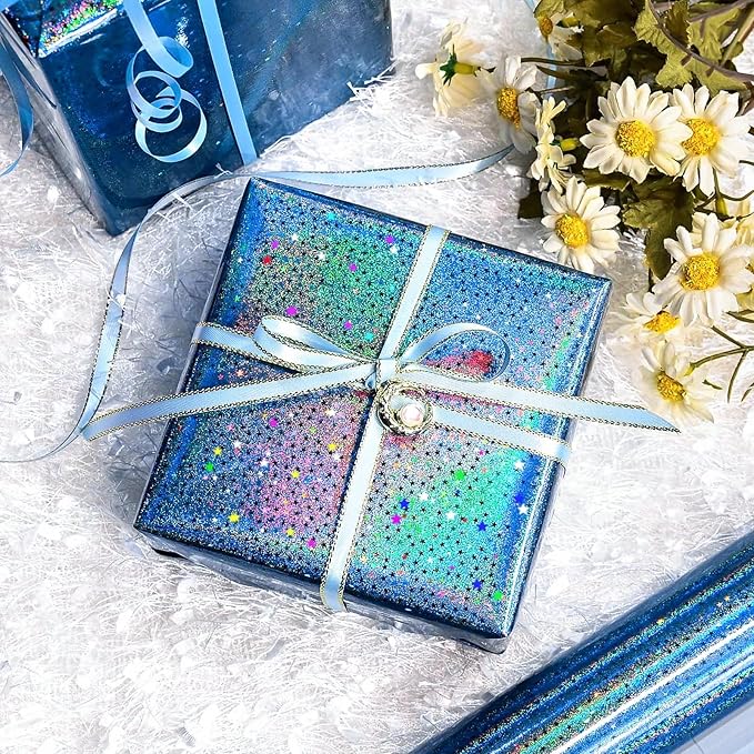 Burymento Blue Wrapping Paper Roll, Metallic Holographic Star Gift Wrap for Birthday, Valentines, Mothers day, Graduation, Wedding, Fathers day, Baby Shower, Christmas (17 IN x 32.8 FT)