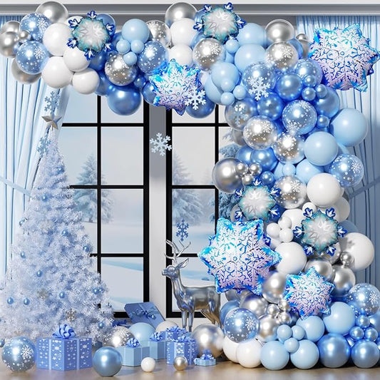 Snowflake Balloon Arch Garland Kit 182pcs, Frozen Balloon Arch Kit Silver Blue White Wonderland Balloons for Winter Wonderland Christmas Baby Shower Snow Princess Birthday Party Decorations