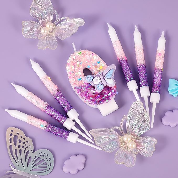AKURIEEY Butterfly Birthday Candle Purple Number 0 Candle with 6 Pcs Long Candles for Girls Cake Topper Cupcake Decor Party Decoration Anniversary Celebrations Supplies