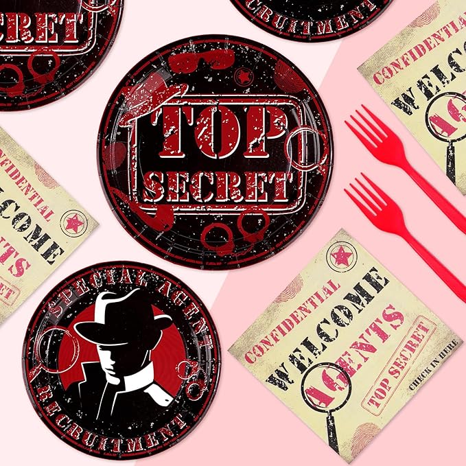 96 Pcs Top Secret Party Supplies 350 GSM Disposable Secret Agent Spy Detective Plates Napkins Forks Tableware Set Spy Party Decorations for Boys Kids Birthday Party Escape Room Party Favors Serves 24