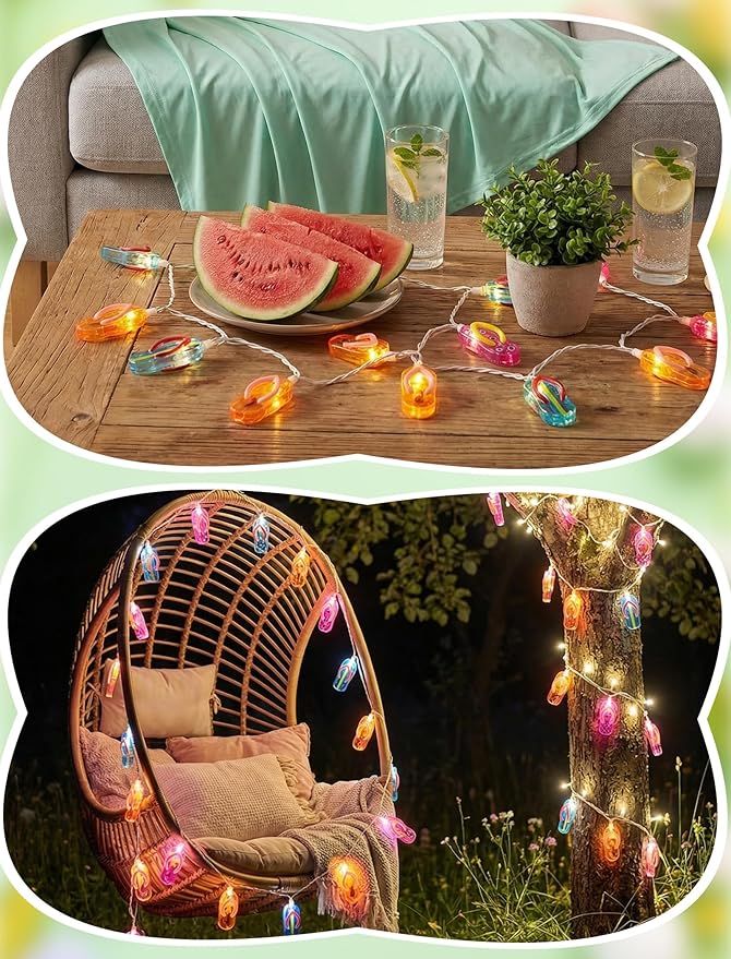 8.5FT Flip Flop String Lights 10 LED Colorful Slipper Lights – Tropical Beach Party Decorations, Waterproof Connectable Outdoor Plug in Fairy Lights for Patio Camping Luau Holiday Decor, UL Listed