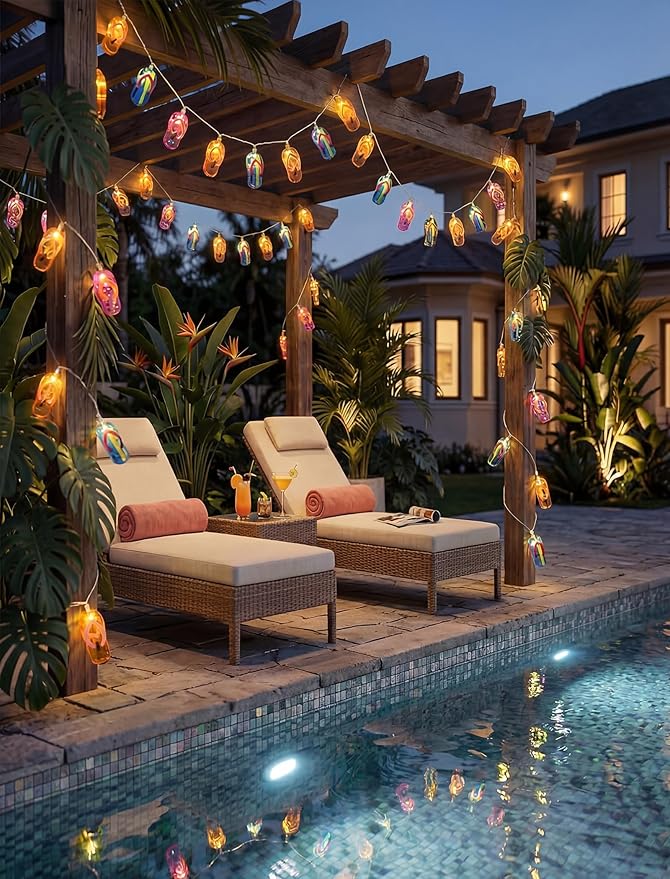 Slipper String Lights, 8.5FT 10 LED Beach Themed Lights with UL Certified Plug, Waterproof Tropical Party Decorations for Patio, Warm White Hawaiian String Lights for Garden Backyard Bedroom Decor