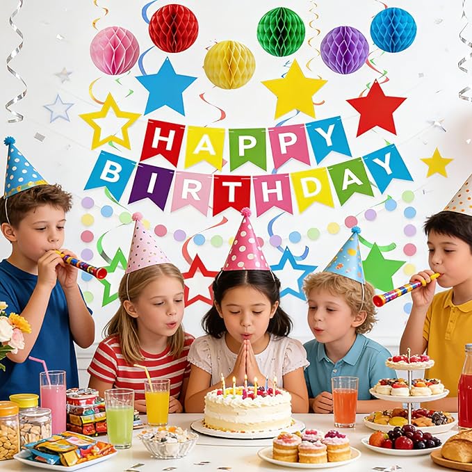 Happy Birthday Banner, Rainbow Birthday Banner with Triangle Bunting, Honeycomb Balls and Circle Dot Garland, Birthday Decorations for Women Men Boys Girls