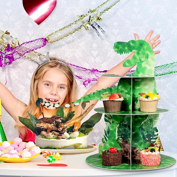 Censen Dinosaur Cupcake Stand Pixel Dino Cupcake Holder Cake Stands Dessert Tower Toppers Dinosaur Pixel Theme Birthday Party Decorations for Baby Shower Party Supplies