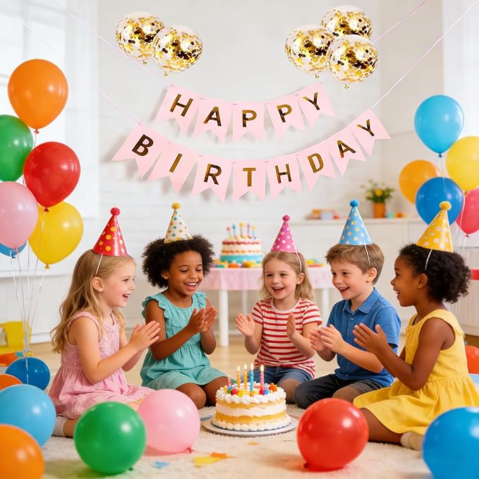 Happy Birthday Banner Sign Bunting Hanging Decorations with Shiny Gold Balloons Birthday Party Sign Decor for Party Supplies(Pink)