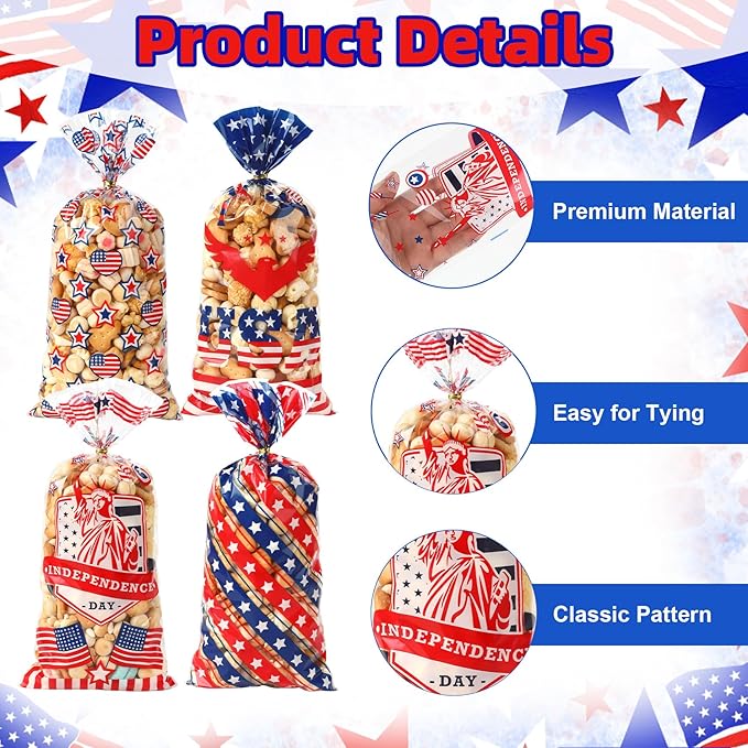 4th of July Cellophane Treat Bags, 120 PCS 4th of July Gift Bag, Patriotic Treat Bags, Plastic Red Blue and White Candy Cookie Goodie Snack Bag for Independence Day Fourth of July Party Favor Supplies