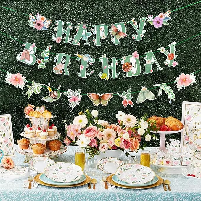 SUNBEAUTY Wildflower Happy Birthday Banner Sage Green Floral Flower Party Decorations Butterfly Flower Banner Summer Spring Butterfly Birthday for Women Girl Baby Shower Garden Tea Party Supplies | Pre-Strung