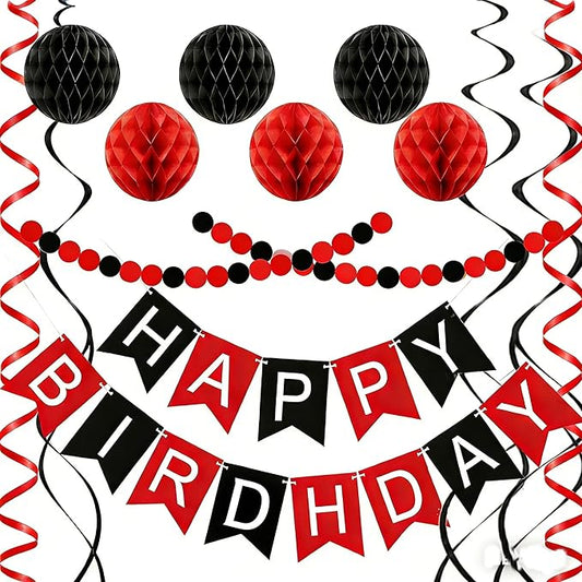 Red Birthday Decorations, Happy Birthday Banner with Honeycomb Balls, Circle Dot Garland and Hanging Swirl Decorations for Women Men Boys Girls （Red Black）