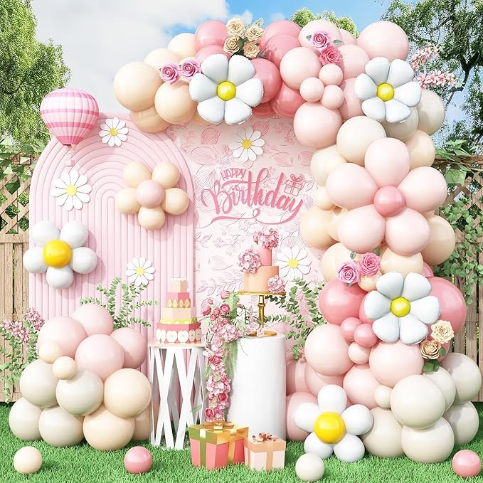 Daisy Balloon Garland Arch Kit,Retro Pink Sand White Hippie Boho Flower Balloons Garland For Birthday Baby Shower Bridal Wedding Groovy Party Decorations