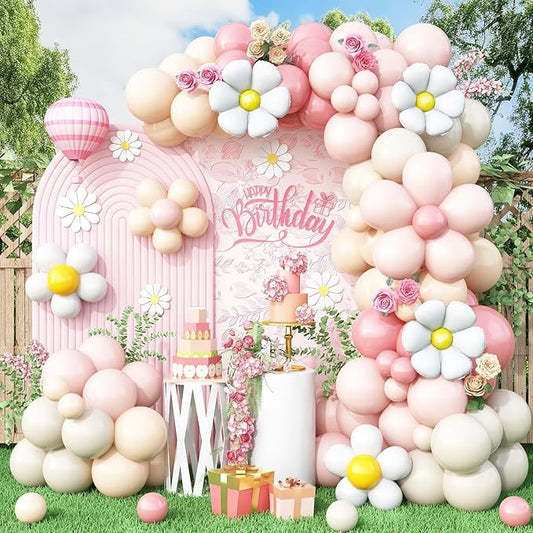 Daisy Balloon Garland Arch Kit,Retro Pink Sand White Hippie Boho Flower Balloons Garland For Birthday Baby Shower Bridal Wedding Groovy Party Decorations