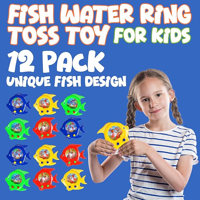 Fish Water Ring Toss Toy - (Pack of 12) Water Ring Game Handheld Fun Aqua Arcade Retro Game Pocket Travel Toys for Car Road Trip Activities for Kids Birthday Party Favors Goodie Bags Stuffers for Kids