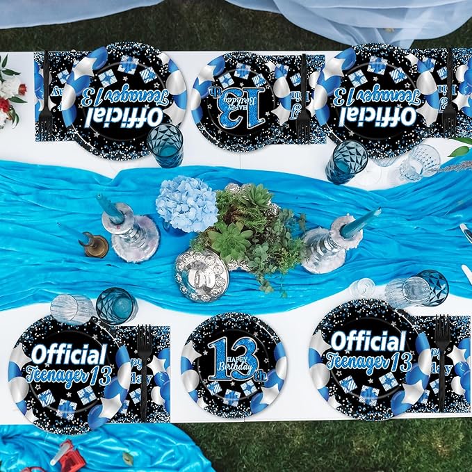 Qyeahkj 100 Pcs 13th Birthday Decorations for Boys Official Teen Supplies Plate Napkin Forks Set Disposable Blue 13th Birthday Tableware Paper Plates Dinnerware for Kids Teenager Favors Serve 25