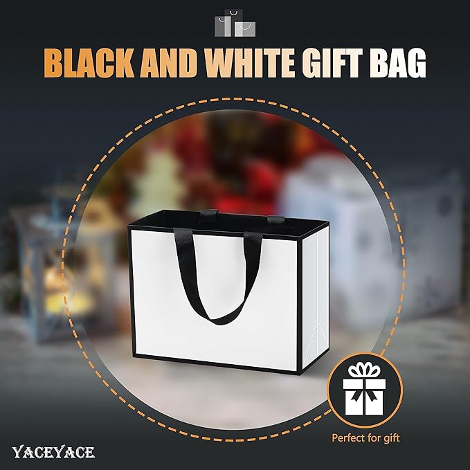 Small White Balck Gift Bags Bulk, 10Pcs 8"x3.75"x6" Black and White Paper Bag with Ribbon Handle, Mini Gift Bags for Party,Birthday,Retail