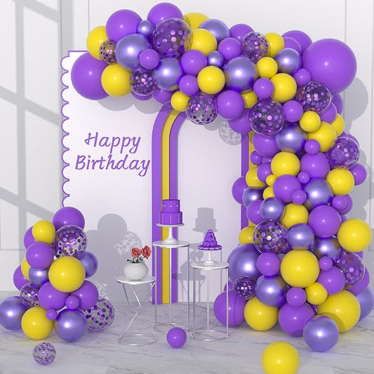 Purple and Yellow Balloon Garland Arch Kit, 122PCS Yellow Lavender Metallic Purple Confetti Balloons Balloons for Birthday Wedding Anniversary Engagement Basketball Graduation Party Decorations