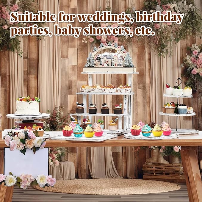 Roowest Wood Cake Stands Set of 6 Wood Dessert Tower Trays Stand Cupcake Stand Rustic 3 Tier Farmhouse Cupcake Serving Stands with Dessert Trays for Tea Party(Vintage White)
