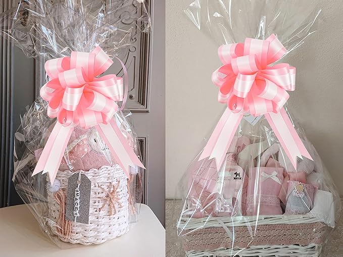 HUIHUANG Pink Pull Bows 12 PCS Baby Pink and White Double Layer Satin Pull Bows 6" x 10" Gift Bow for Gift Wrapping Gift Basket Flower Bouquets Baby Shower Favors Wedding Party Decor