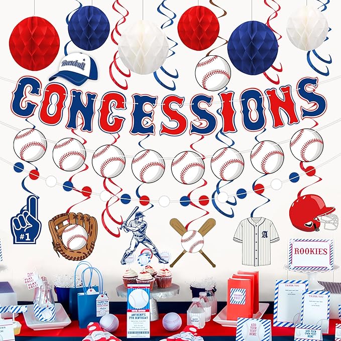 Baseball Party Decorations Pre-strung Concessions Baseballs Banner with Blue Red White Honeycomb Balls Baseball Theme Hanging Swirls Circle Dots Garland for Concessions Birthday Party Decor